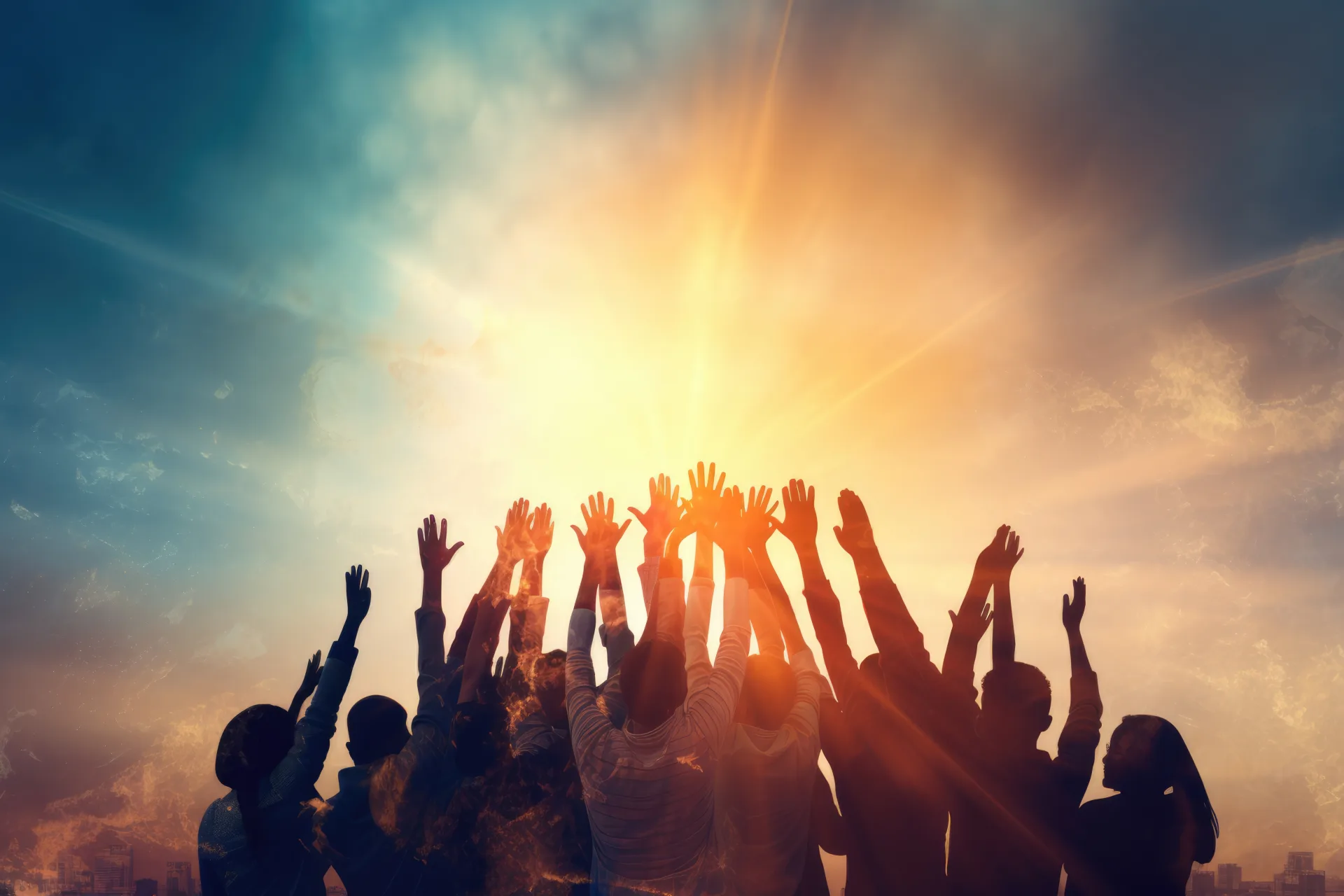 A community reaching upward toward a bright sunrise sky